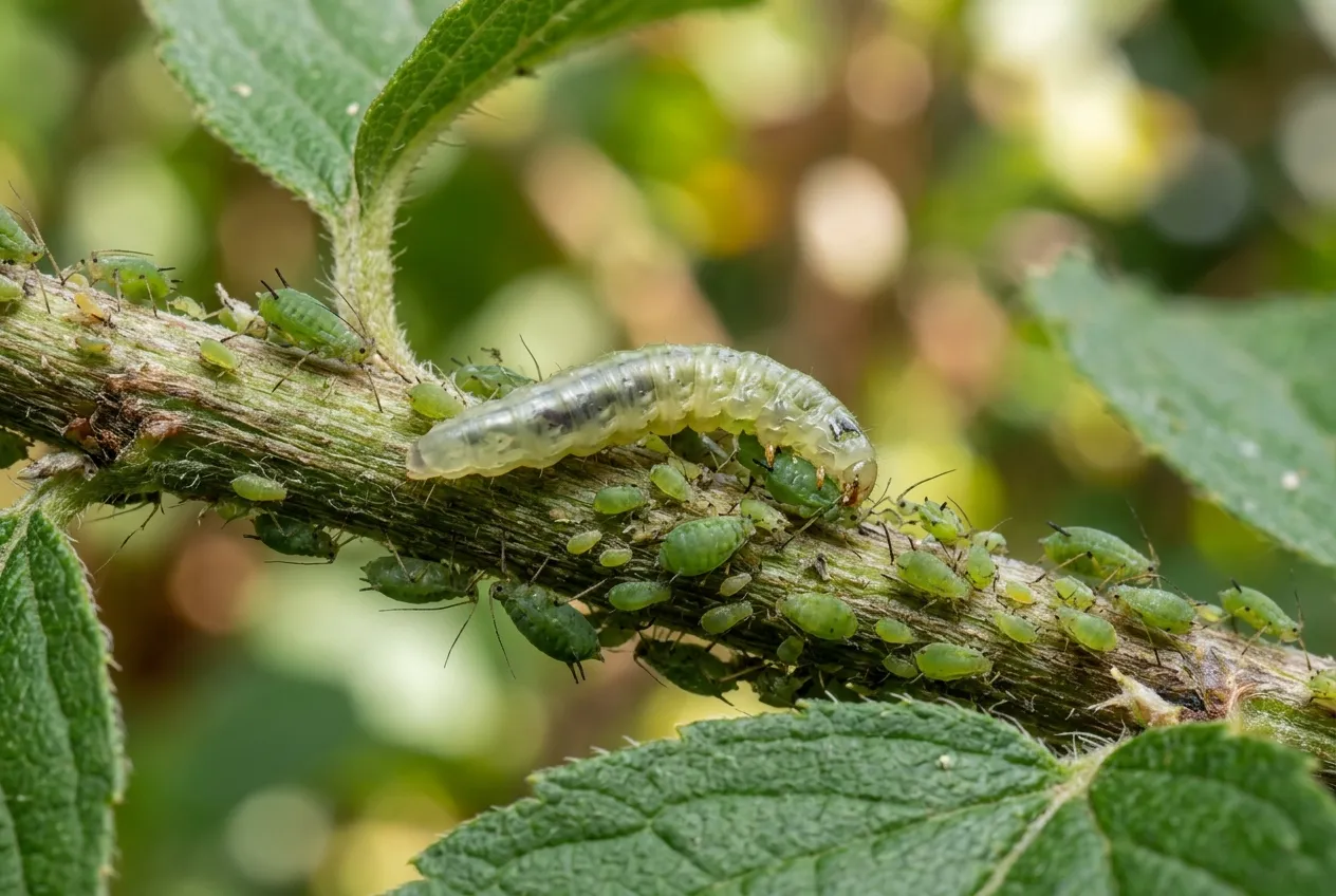 Hoverfly larva feeding on aphids on a plant stem in a UK garden