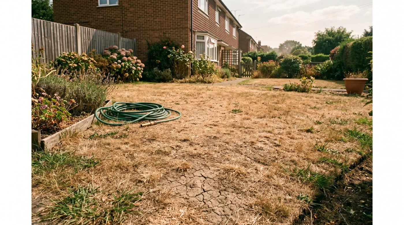 A drought-stressed lawn with straw-coloured dormant patches and a coiled hose during a hosepipe ban