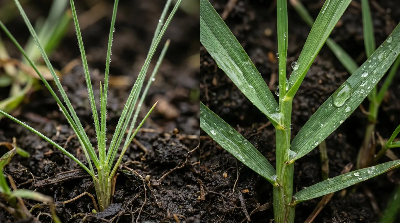 Macro comparison of fine needle-like fescue blades beside broad coarse ryegrass blades
