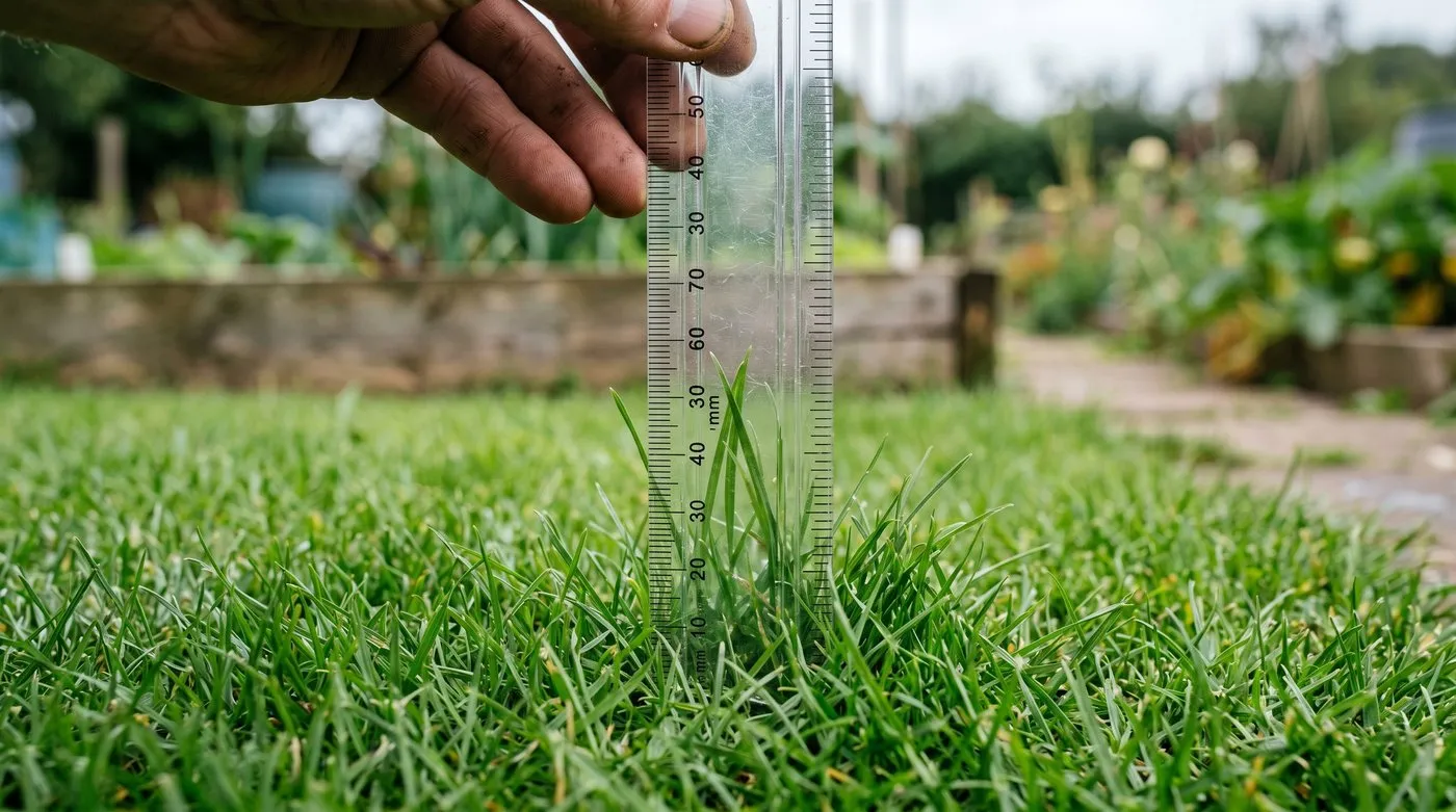 A clear ruler held against cut green turf measuring the grass height at about 30mm