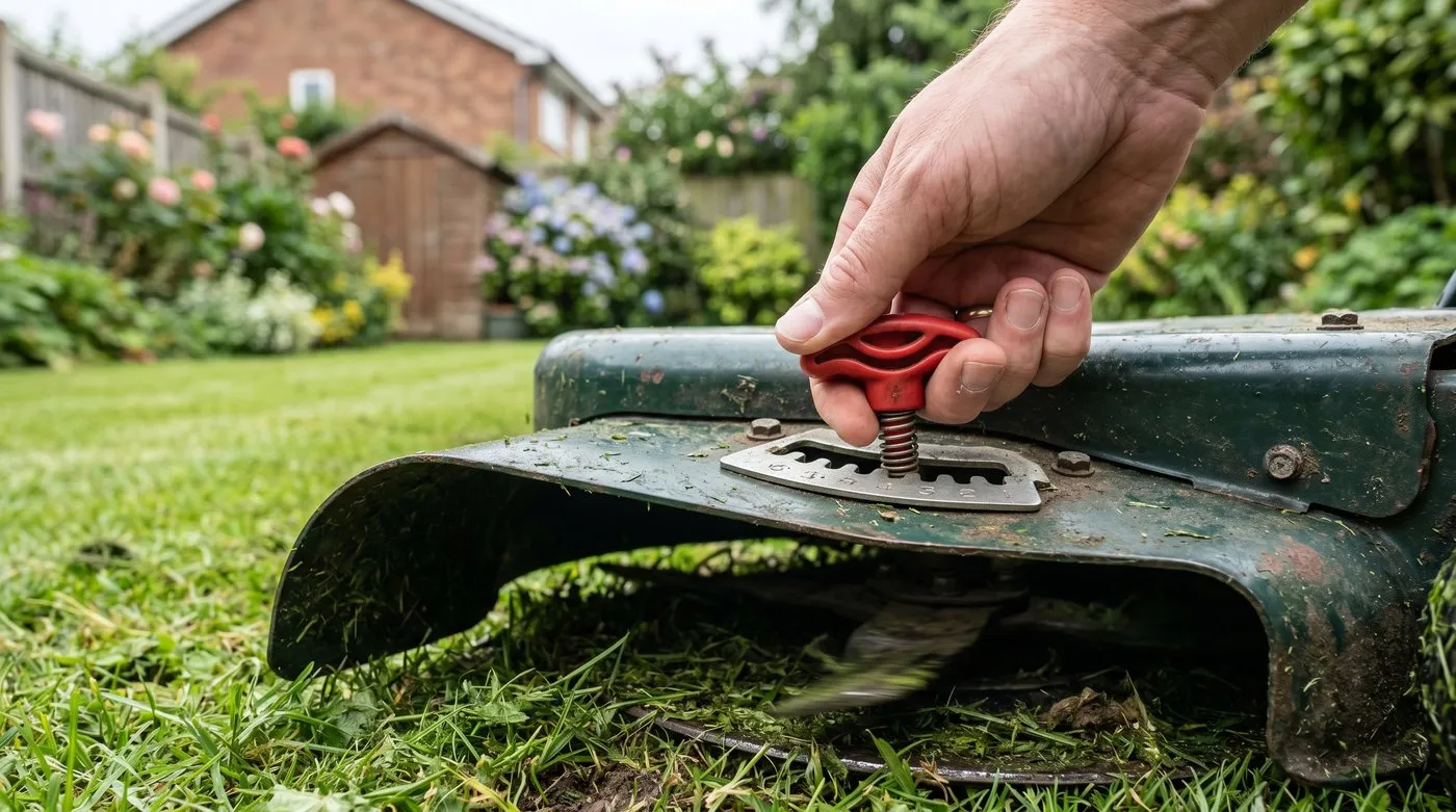 A hand adjusting the cutting height lever on a petrol rotary mower deck in a Midlands garden