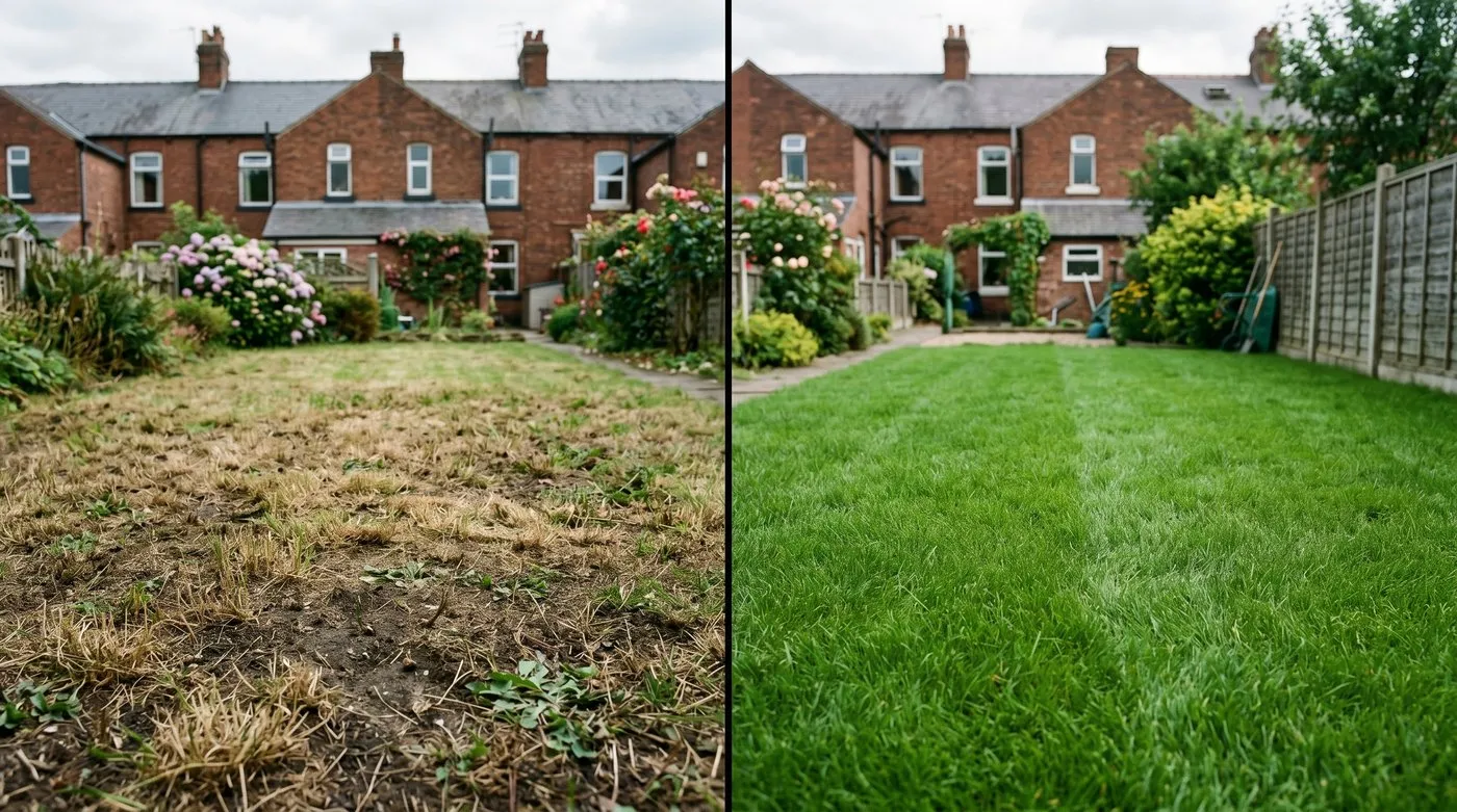 Side by side comparison of scalped brown bare lawn next to healthy dense green turf
