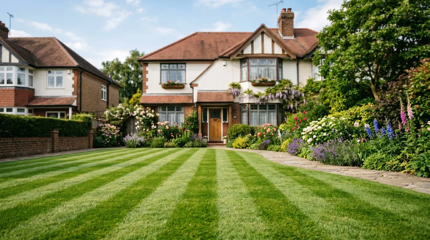 A neatly striped green suburban lawn kept at a healthy height beside a 1930s semi-detached house