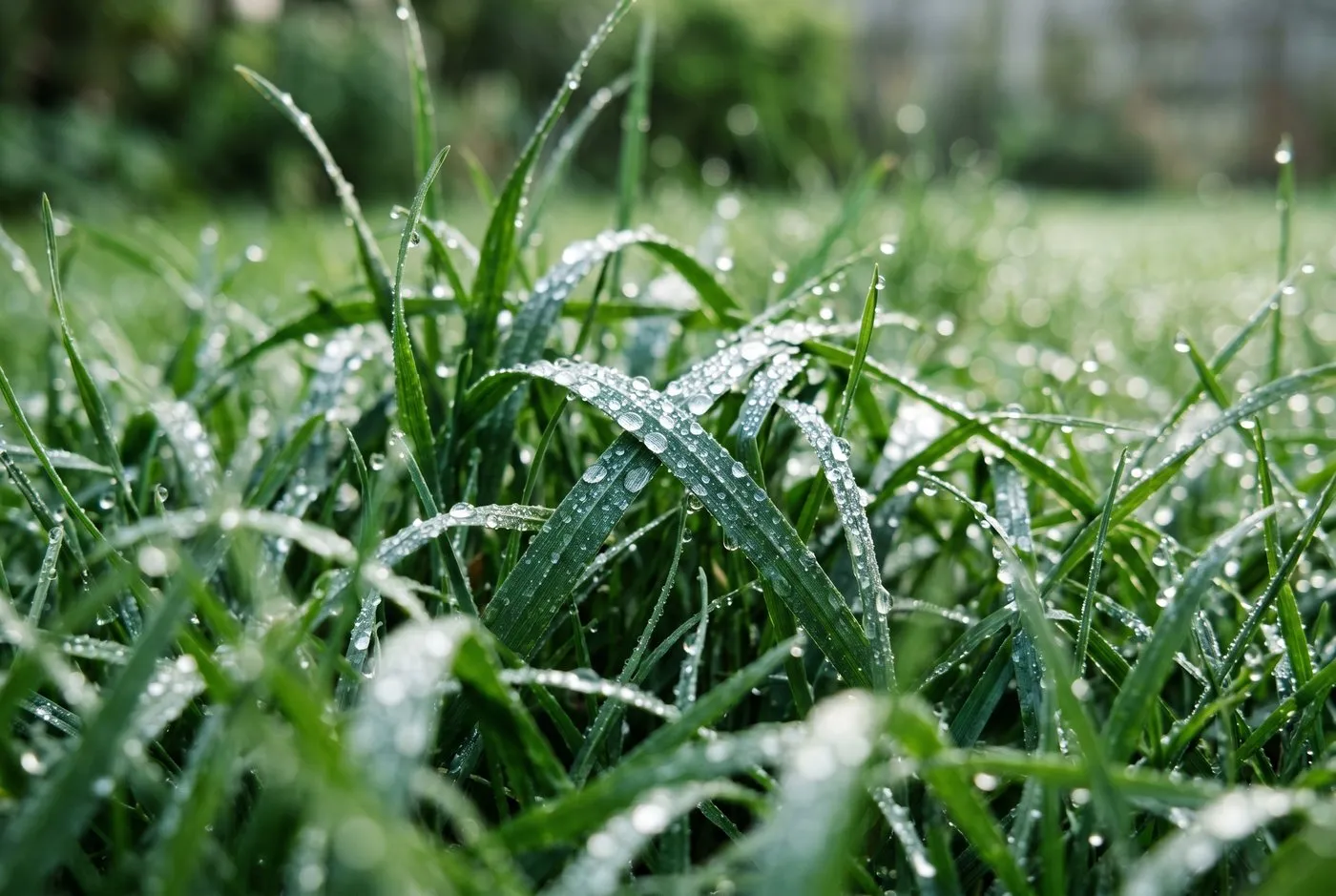 A close-up of healthy dense green lawn turf in a coastal fishing village garden in Cornwall