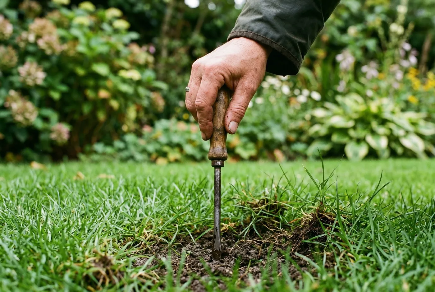 A hand pushing a long screwdriver into a lawn to test soil moisture in a Welsh valley garden with green hills behind