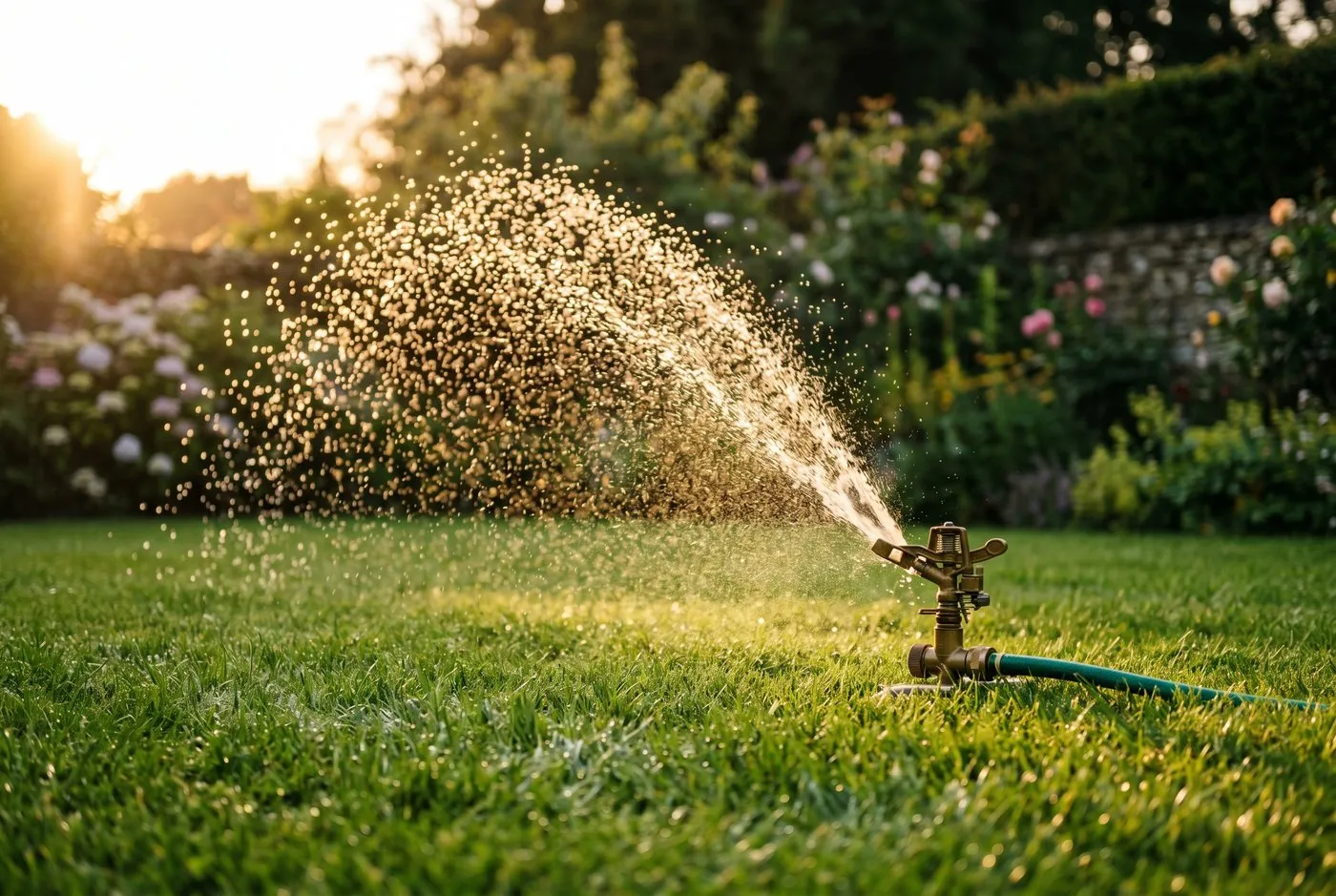 A sprinkler watering a lawn in the early evening with low golden light in a Surrey back garden