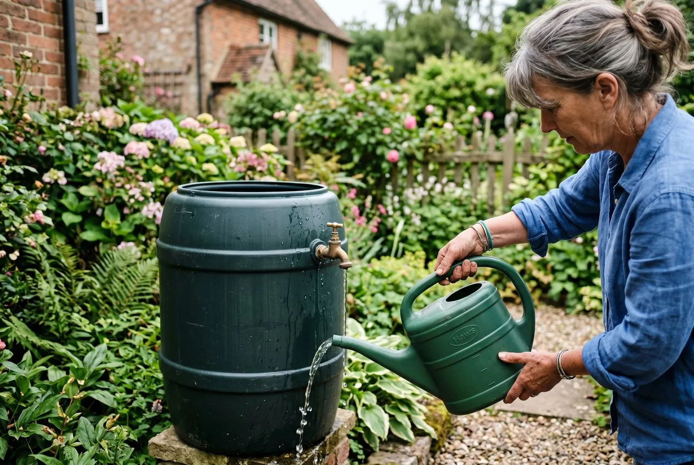 A galvanised watering can being filled from a green water butt in a city terrace garden in Manchester