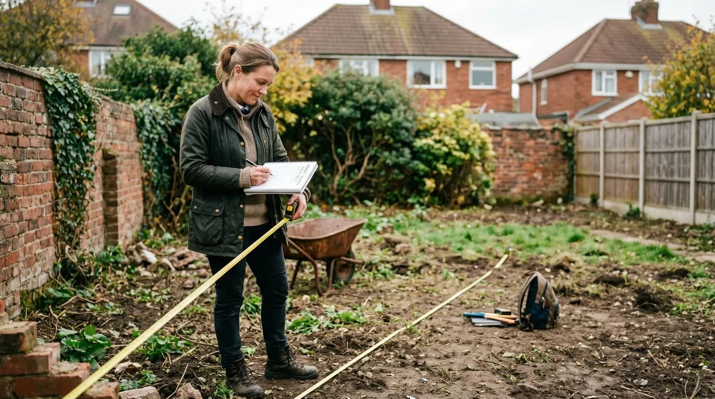 A garden designer surveying a client's plot with a tape measure and notepad