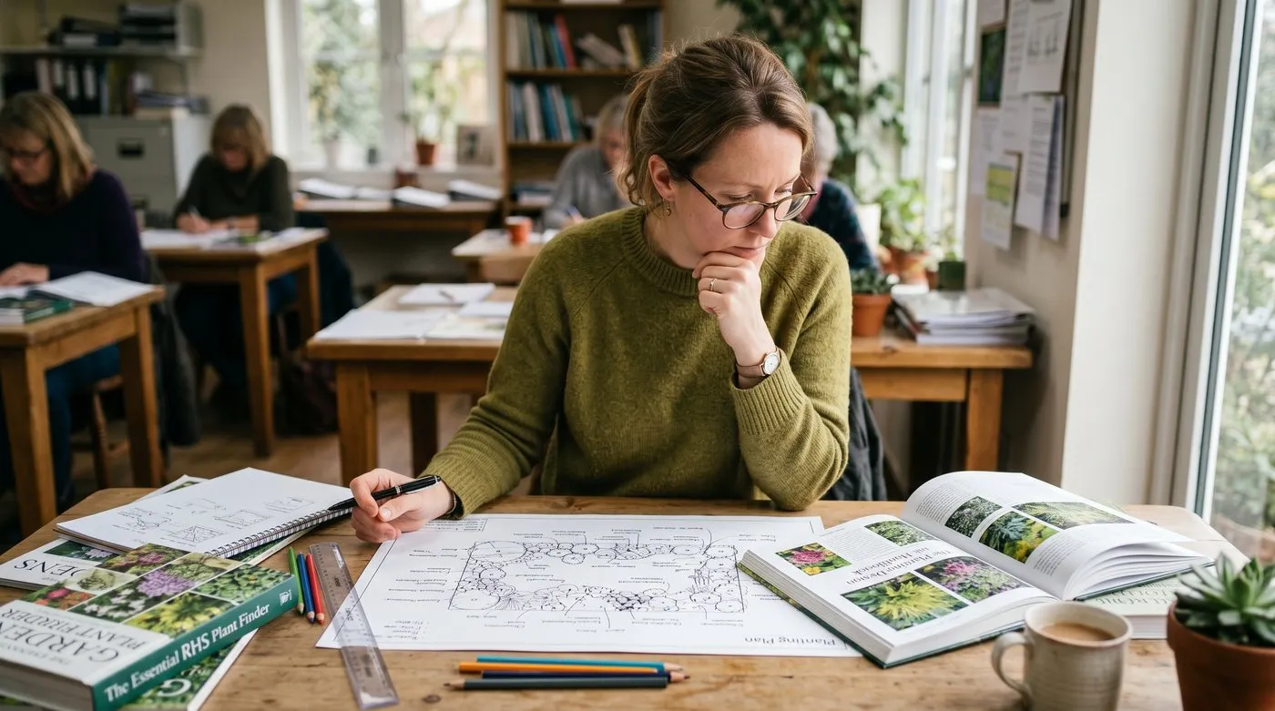 A garden design student studying planting plans and plant reference books on a course