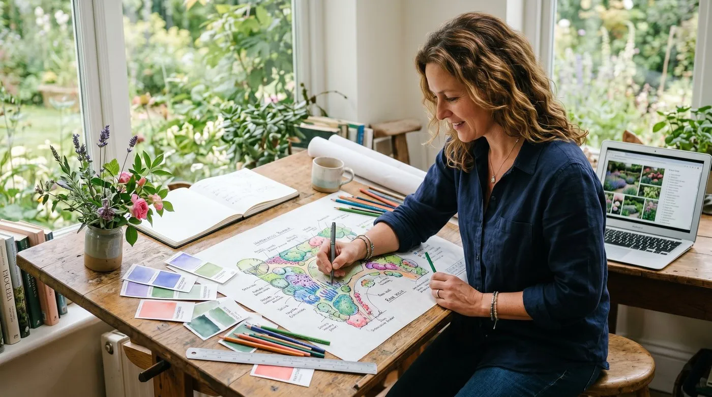 A garden designer sketching a planting plan at a drawing board with plants and samples