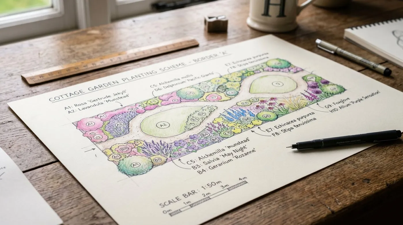 A detailed hand-drawn garden planting plan with plant labels and a scale on a desk