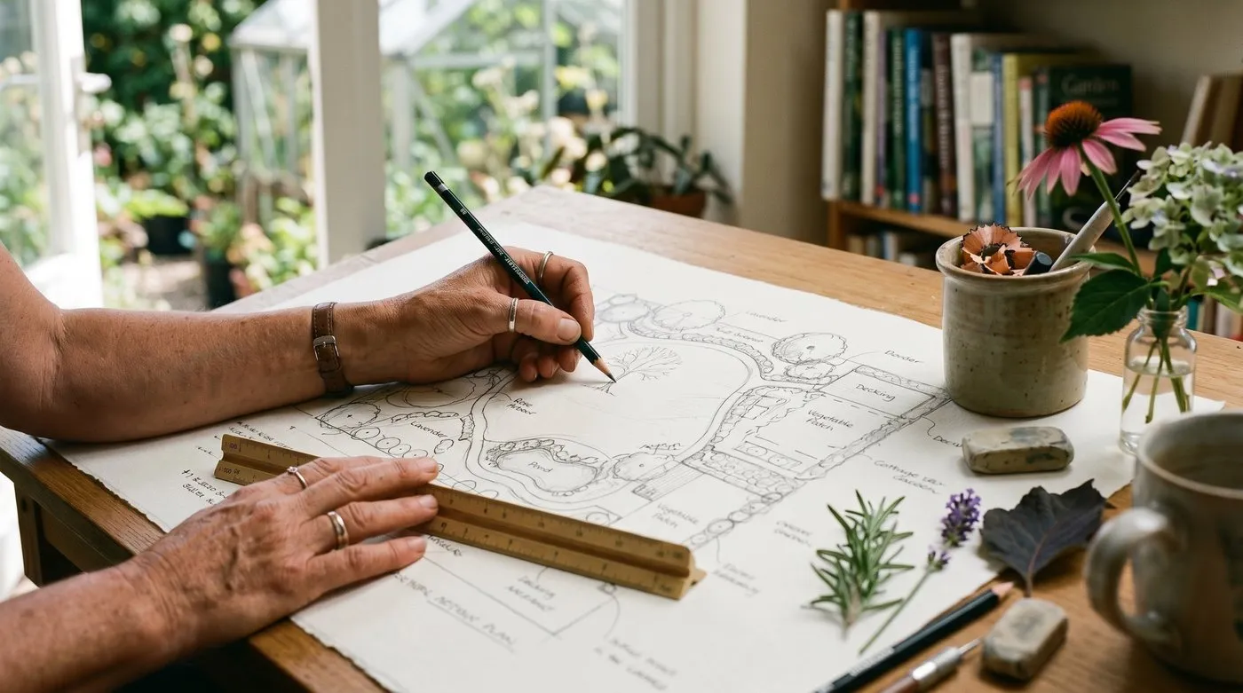 A garden designer sketching a planting plan at a drawing board with plant samples and a laptop