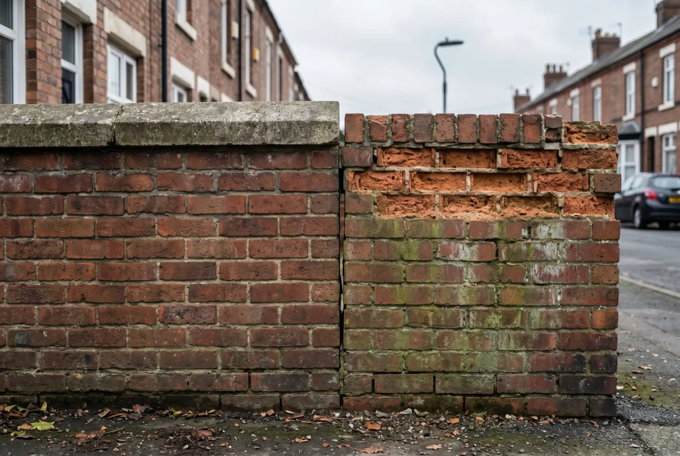 Side-by-side comparison of a coped garden wall in good condition next to a copingless wall with frost-spalled brick faces