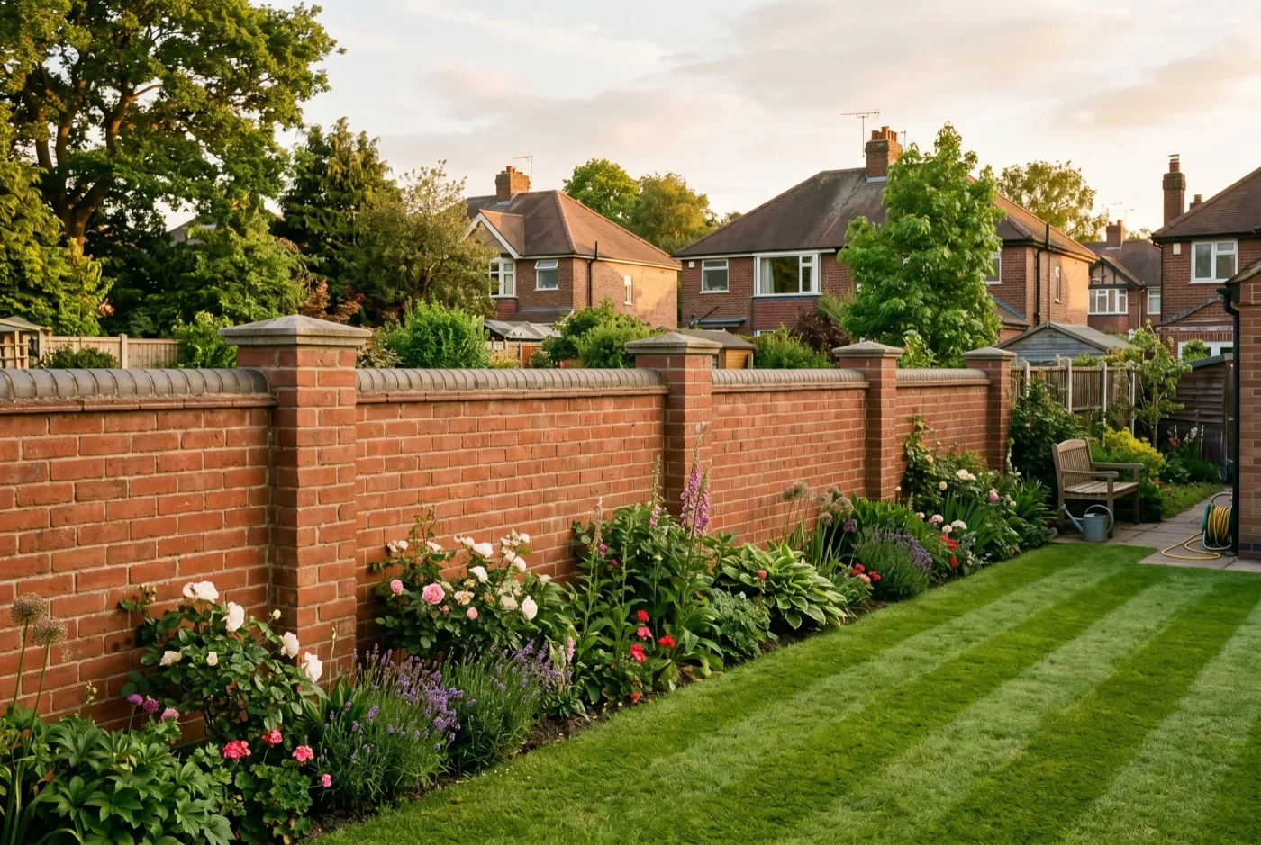 Finished 6m brick garden wall with concrete coping beside a lawn in a Staffordshire suburban garden