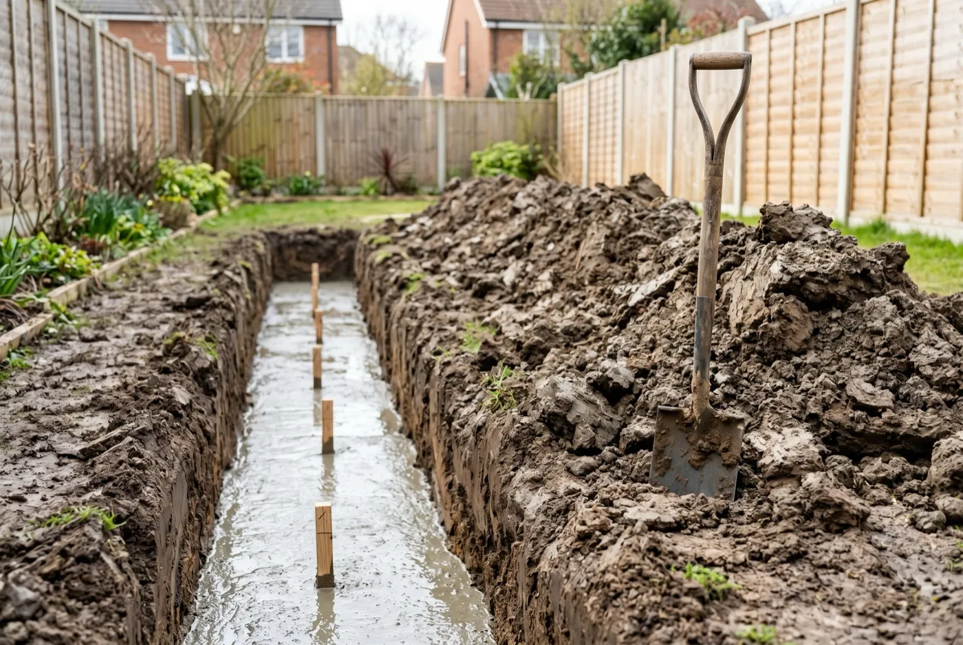Footing trench for a garden wall with fresh concrete poured and the 450mm depth clearly visible