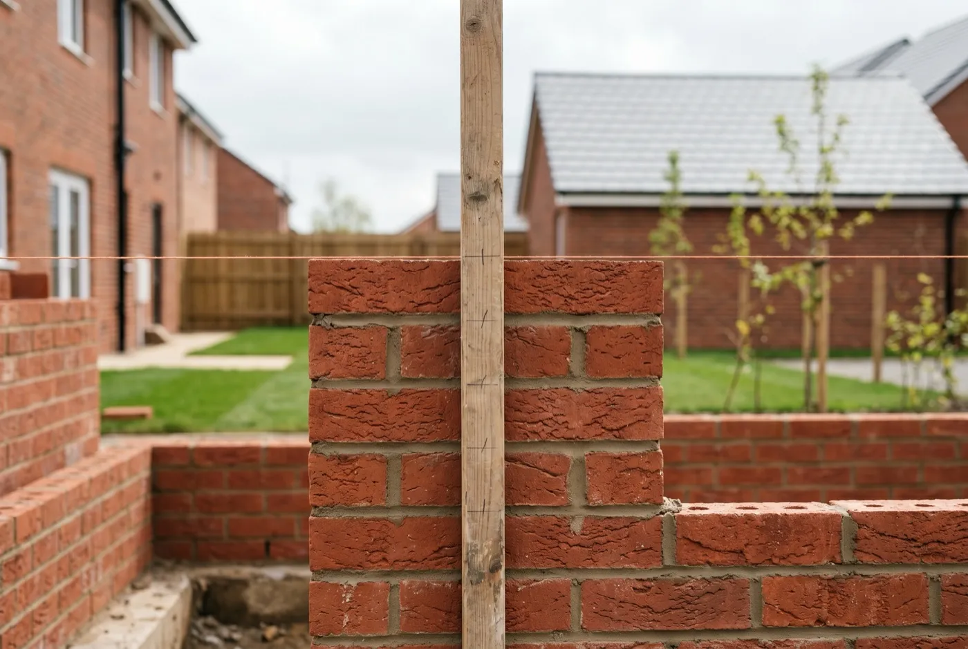 Gauge rod held against fresh brick courses showing 75mm spacing per course on a part-built wall