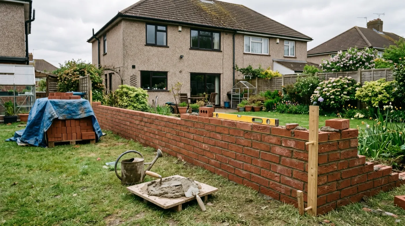 Half-built brick garden wall with string lines and a spirit level on a mortar board in a suburban UK garden