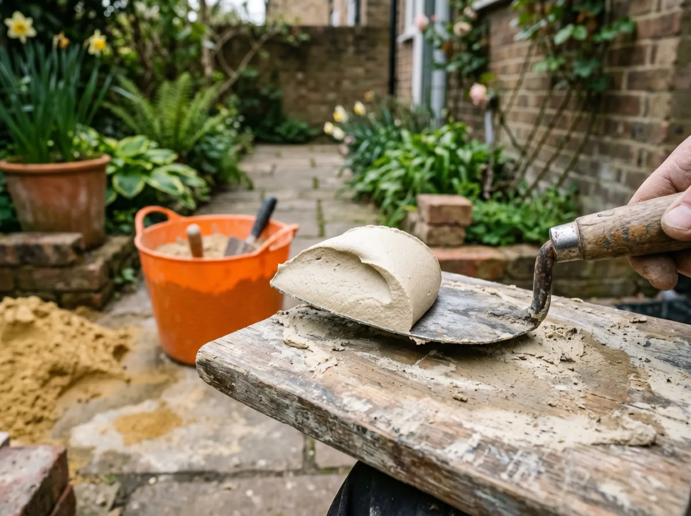 Mortar with a soft ice cream texture being cut and lifted off a board with a brick trowel