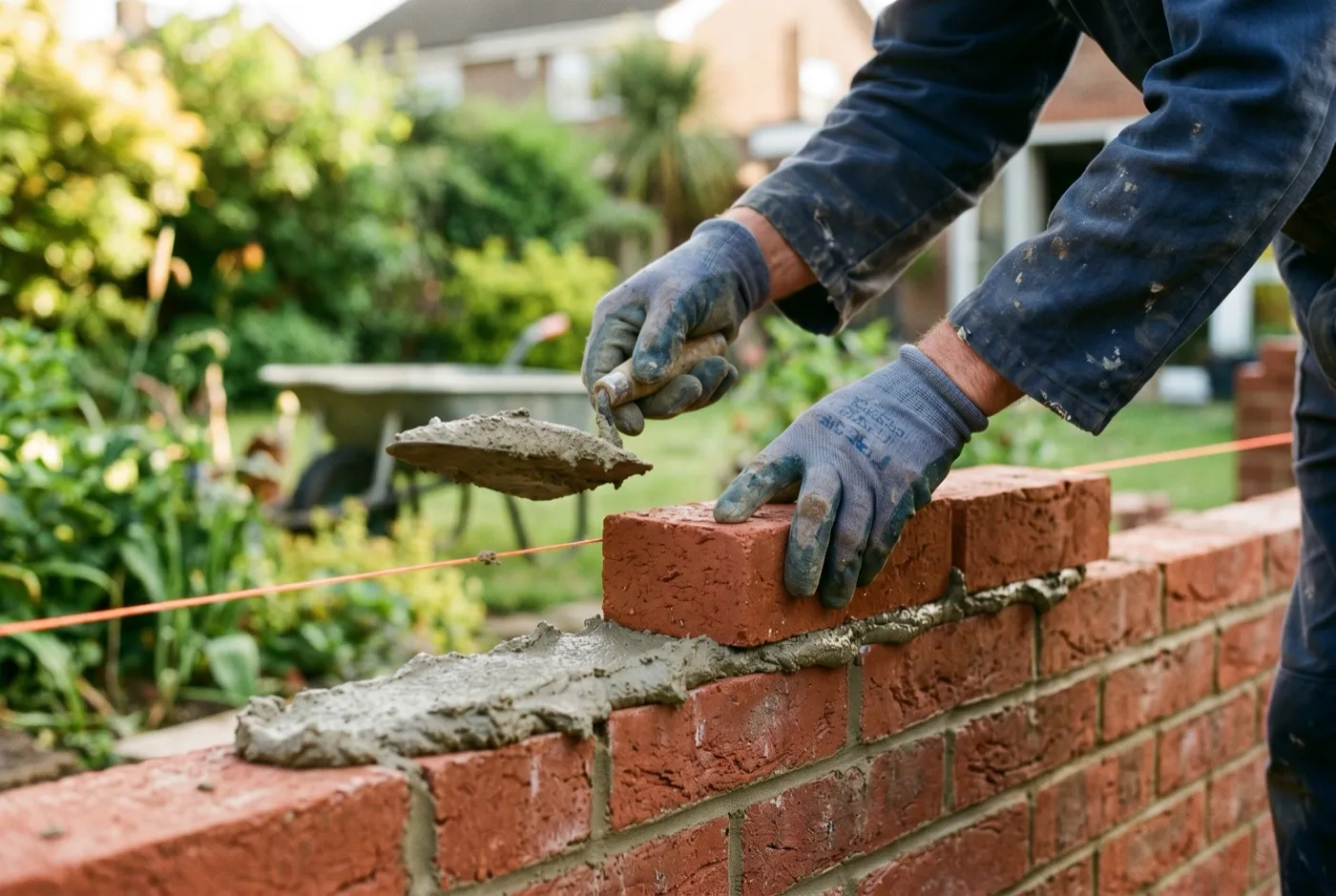 Gloved hands of a bricklayer in his forties laying a brick onto a mortar bed against a taut string line