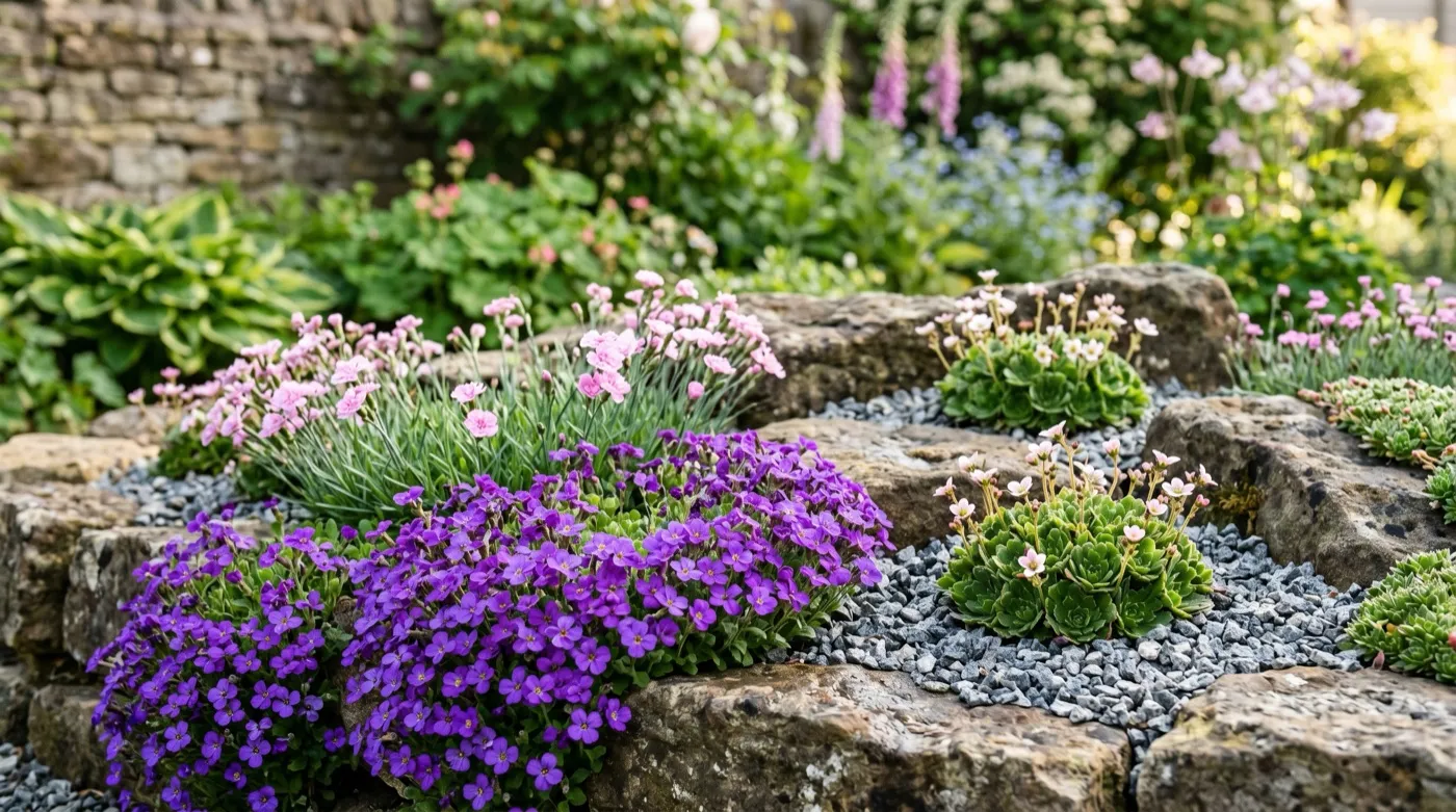 A real UK rockery in full spring bloom, Aubrieta and Saxifraga spilling between weathered sandstone rocks in a cottage garden