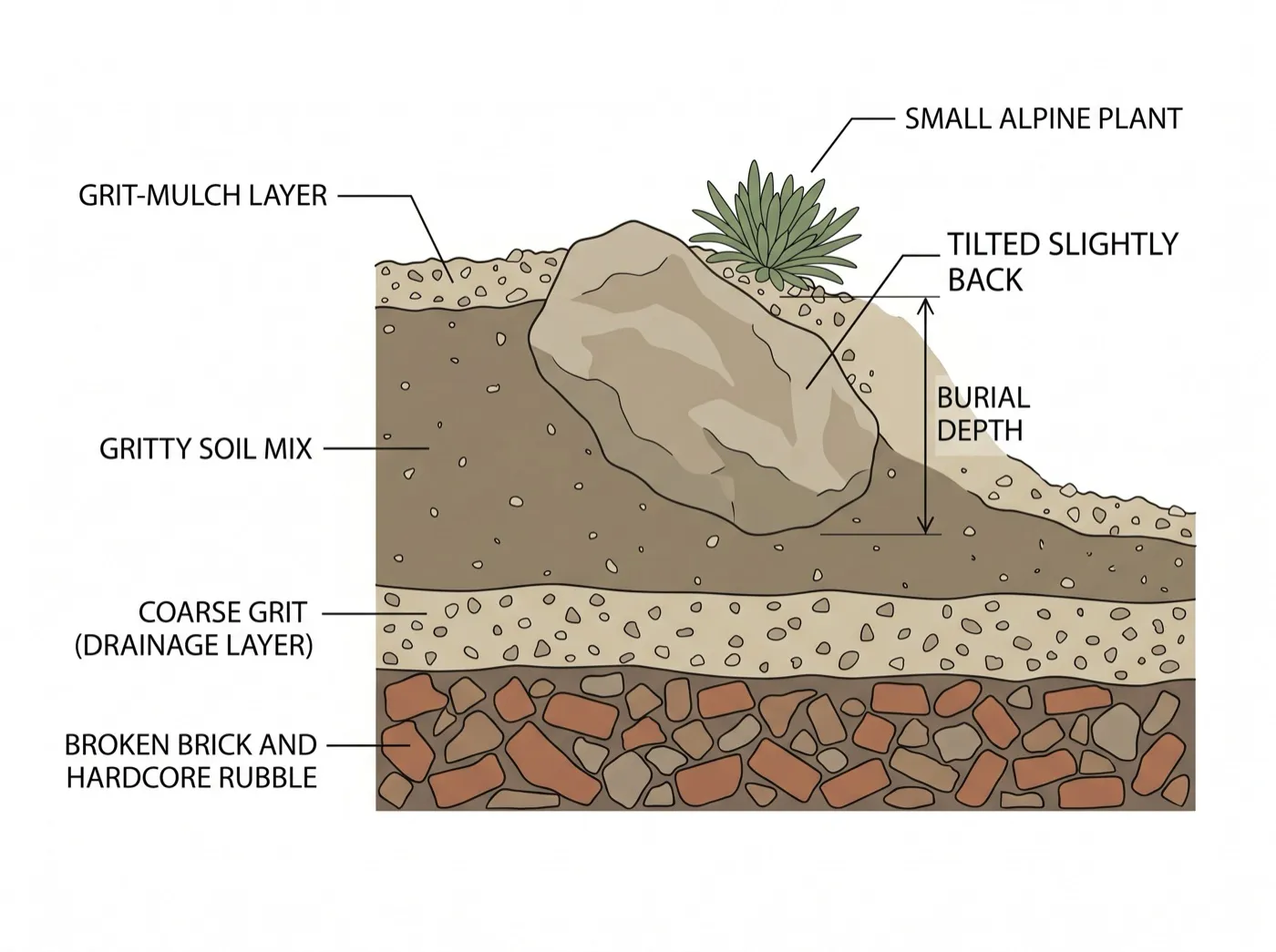 Cross-section diagram of rockery layers showing hardcore base, coarse grit, gritty soil mix, a part-buried rock, and grit mulch