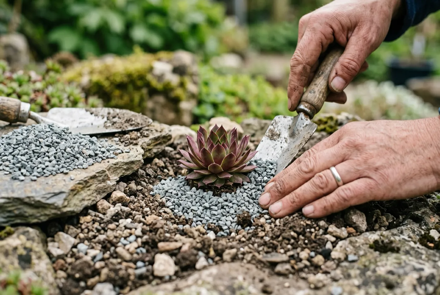 Gardener's hands tucking horticultural grit around the collar of a newly planted Sempervivum in a rockery pocket