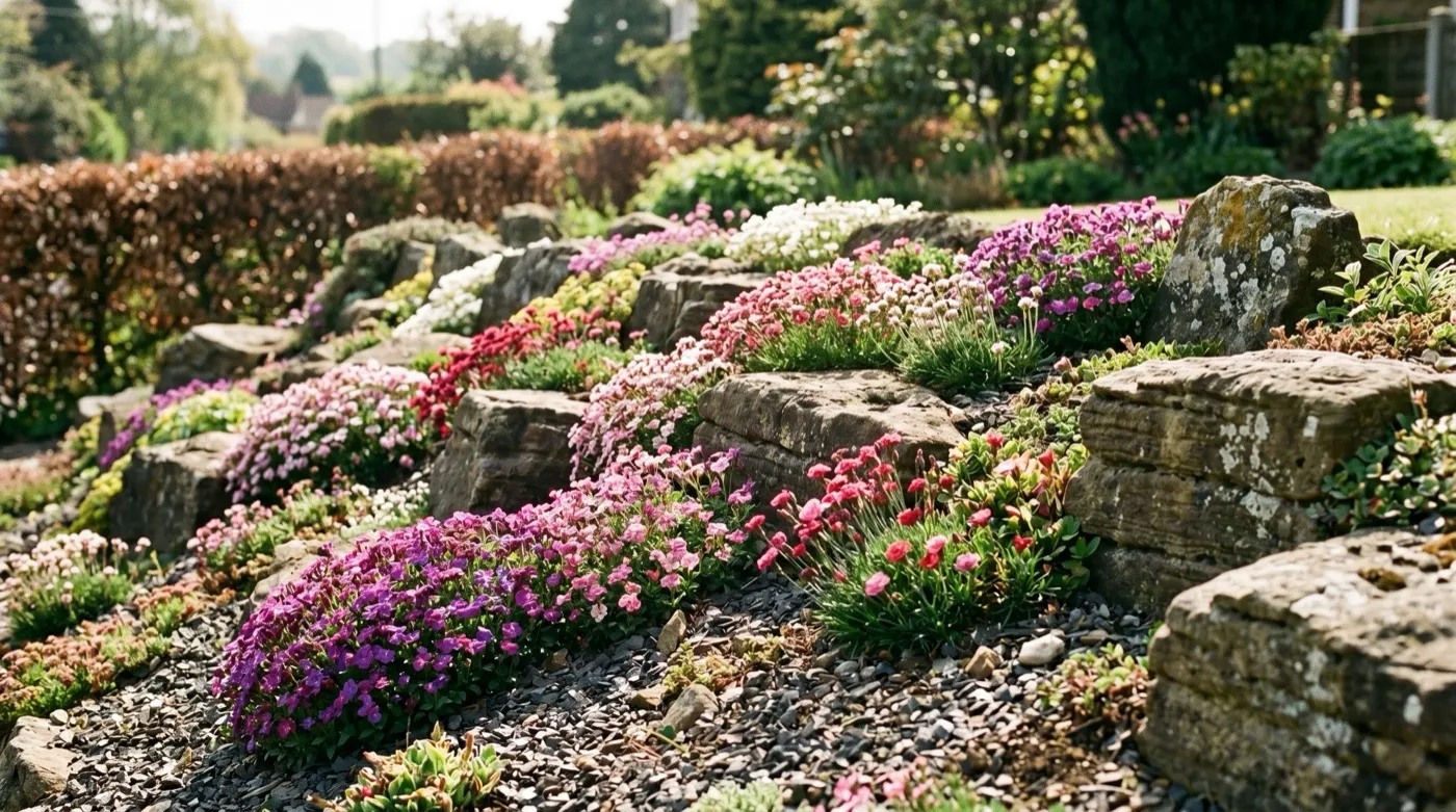 A mature rockery in full bloom on a sunny UK slope, alpines spilling between part-buried sandstone rocks