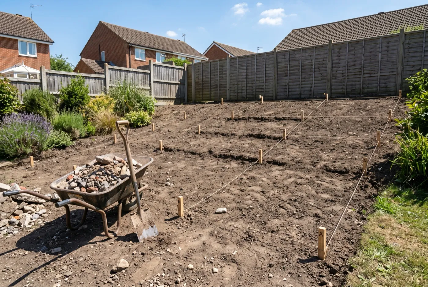 A sunny south-facing garden slope in a suburban UK plot, cleared and marked out ready for a new rockery