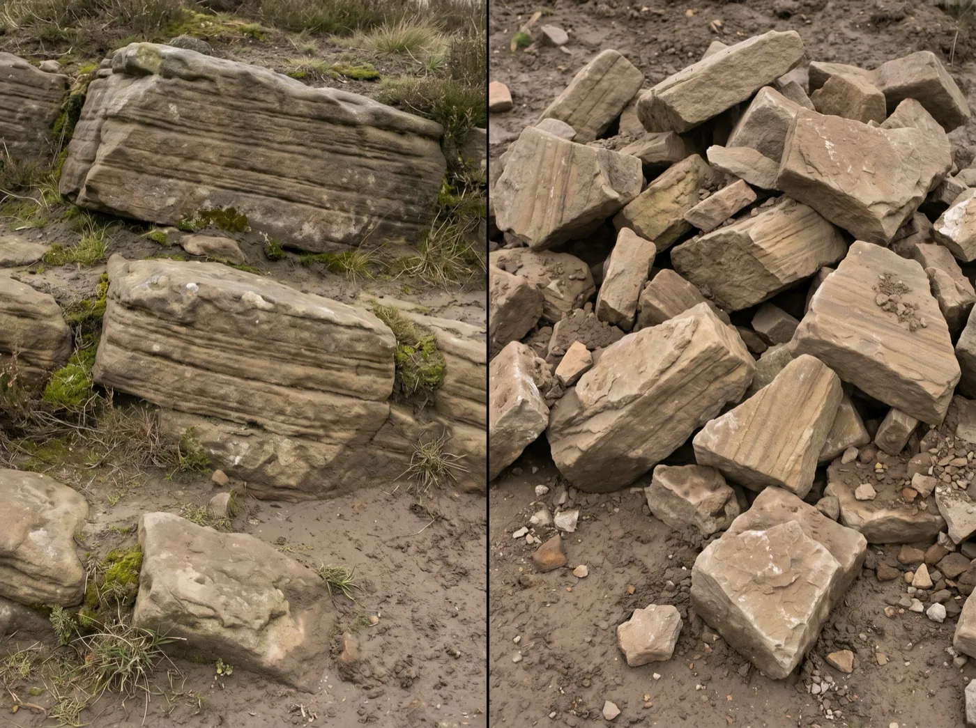 Diagnostic comparison of two rockeries, one with rocks set strata-aligned and part-buried, the other with rocks dumped flat on the surface