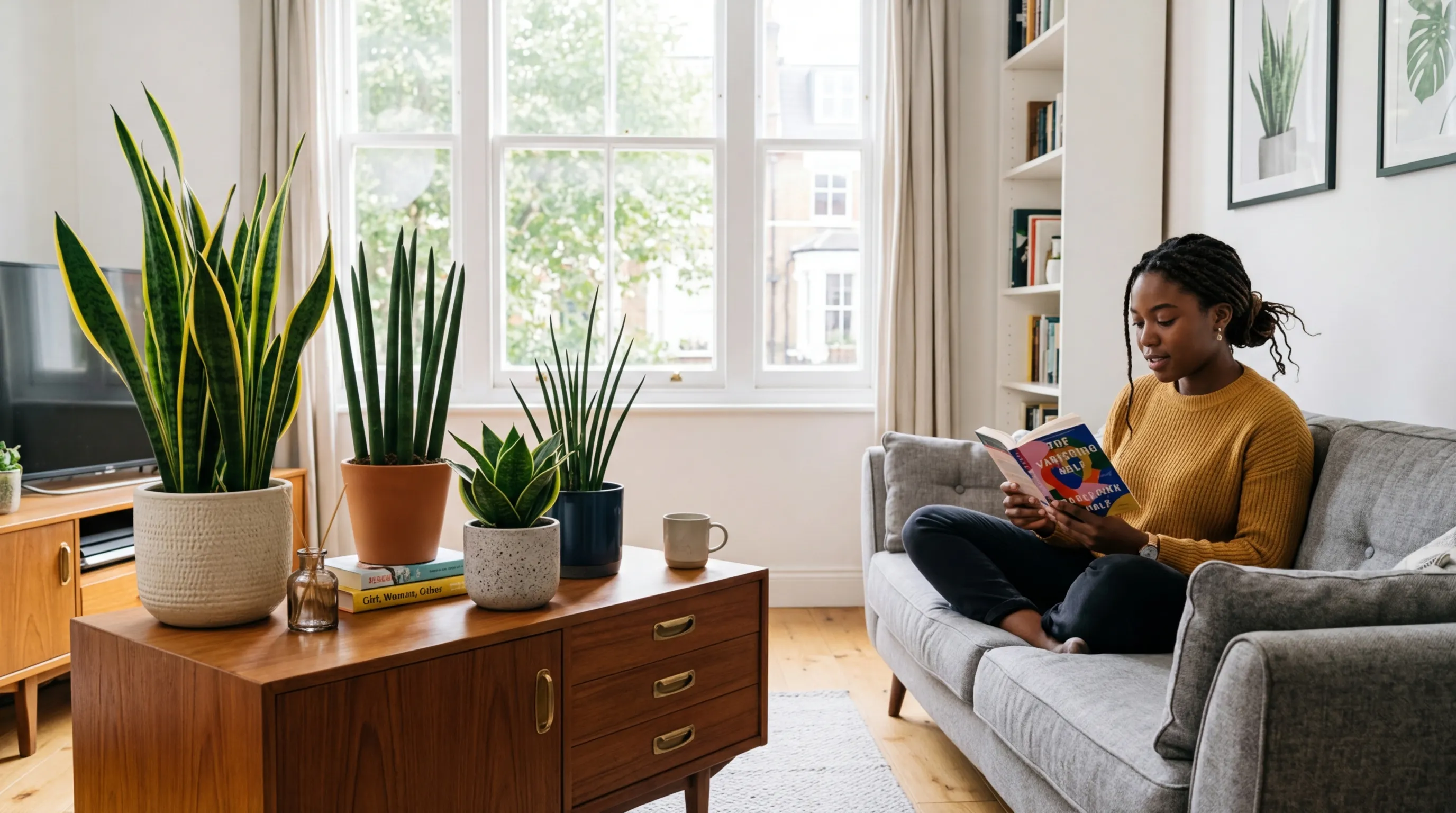 Snake plant care UK showing different Sansevieria varieties in ceramic pots on a wooden sideboard in a bright apartment