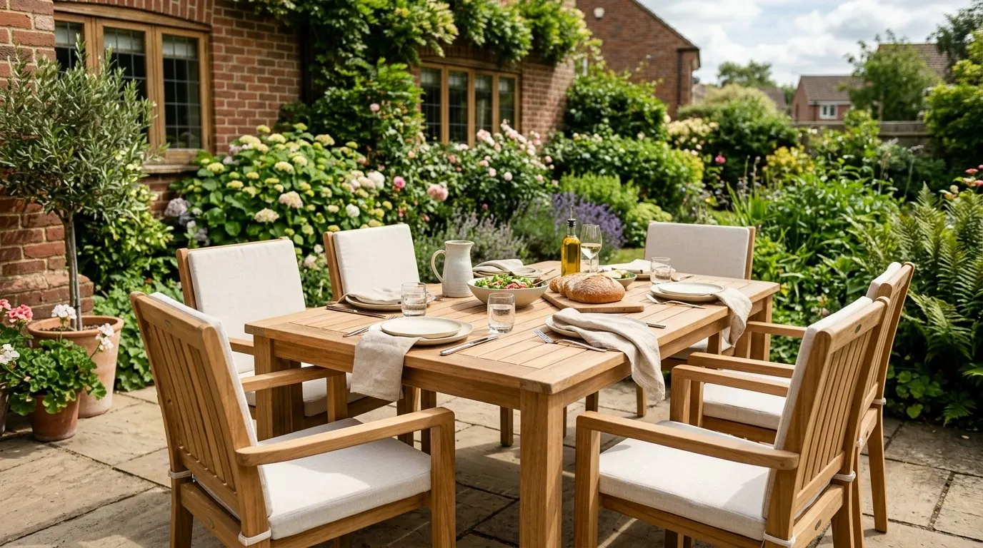 A clean teak dining set on a UK suburban patio in summer, freshly washed and oiled, with cushions and a set table