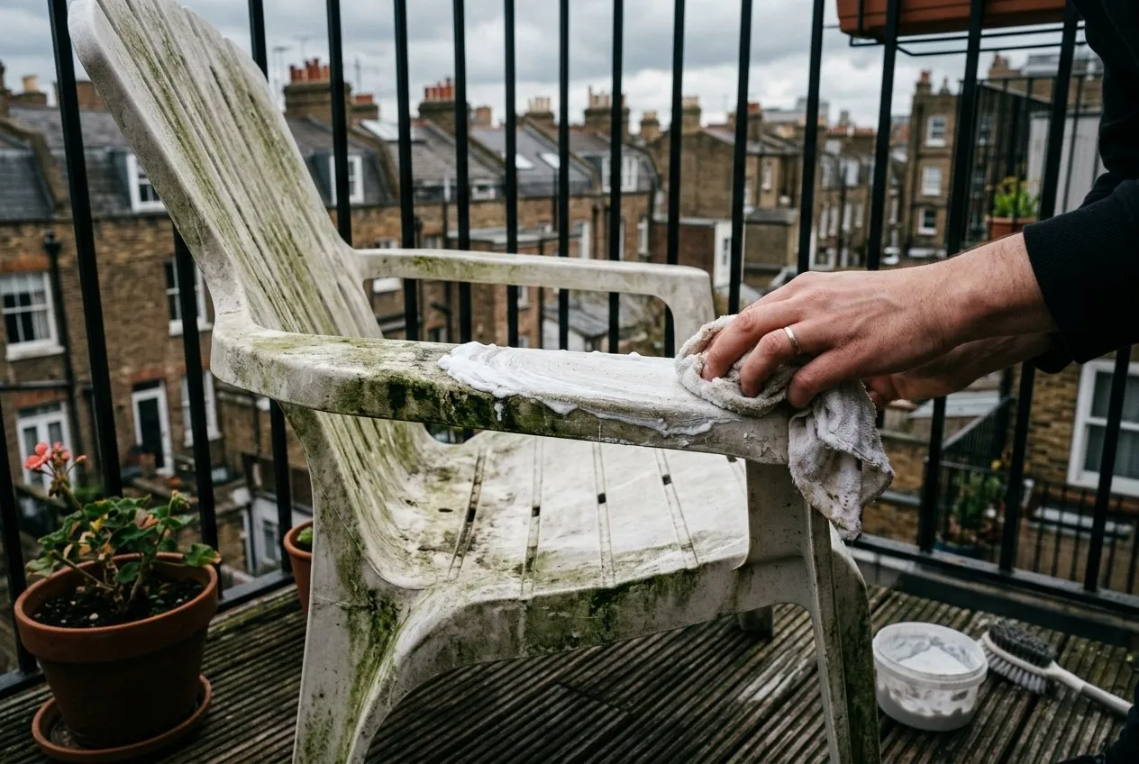 A bicarbonate of soda paste being scrubbed onto a faded white resin garden chair to remove green algae on a balcony in the UK
