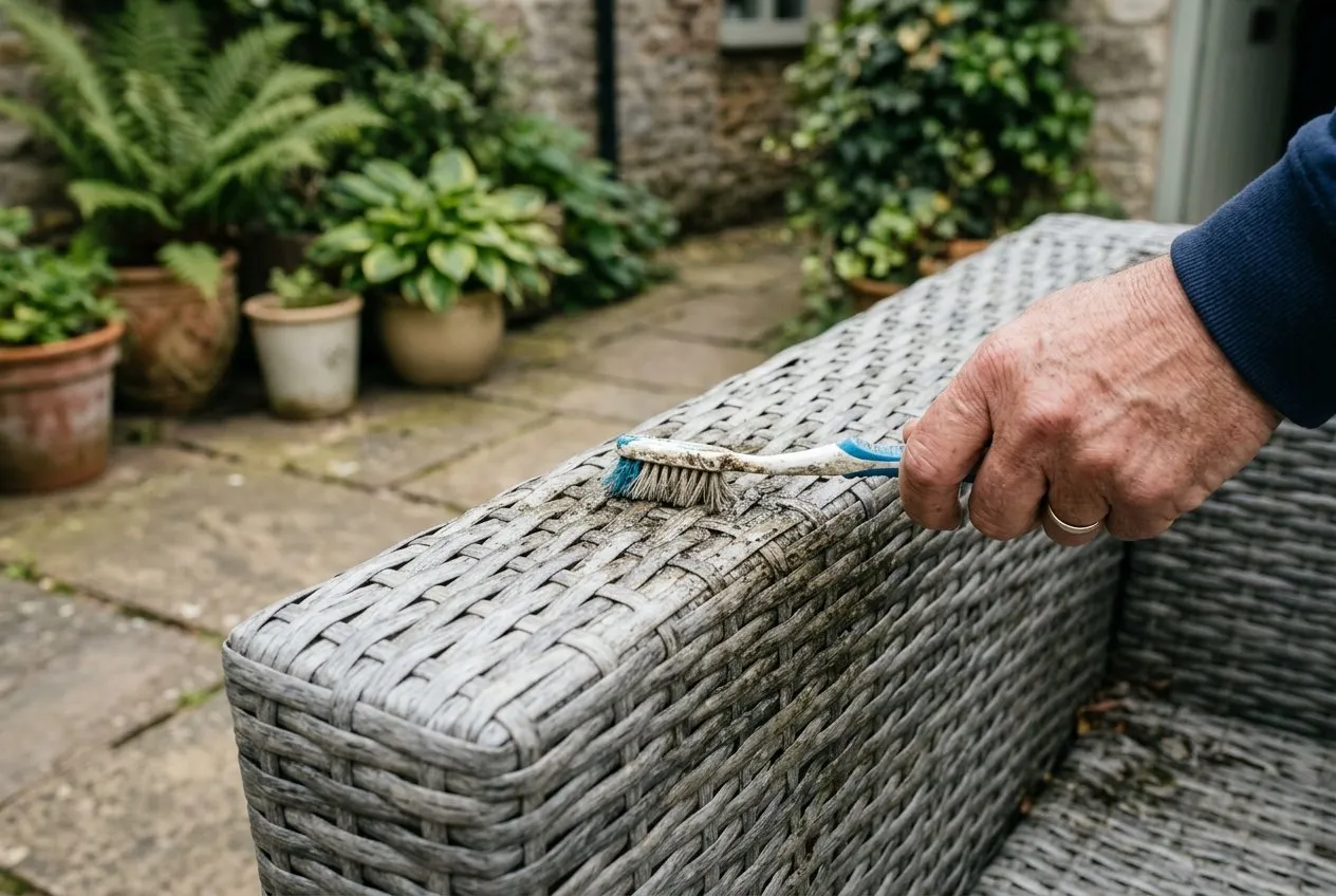 An old toothbrush cleaning trapped dirt from the weave of a grey synthetic rattan sofa on a UK courtyard patio