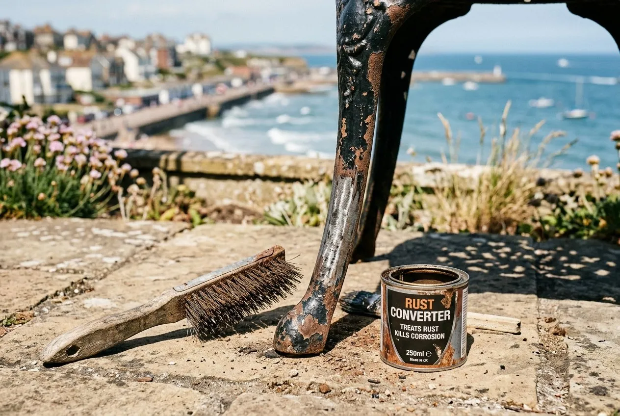 A wire brush and rust converter being applied to a chipped, rusty cast-iron bistro chair leg on a seaside terrace garden in the UK