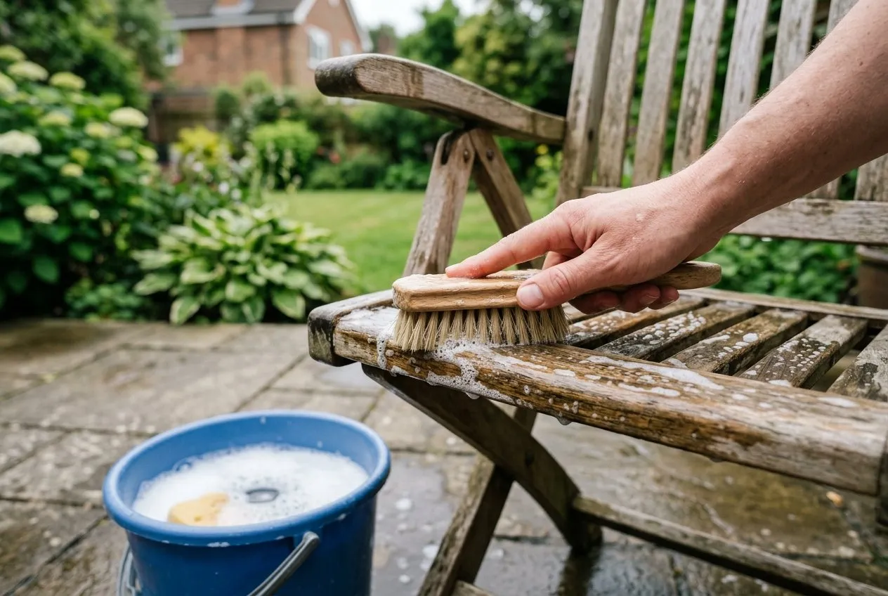 A clean teak dining set being washed with a soft brush and bucket of soapy water on a suburban Staffordshire patio in June