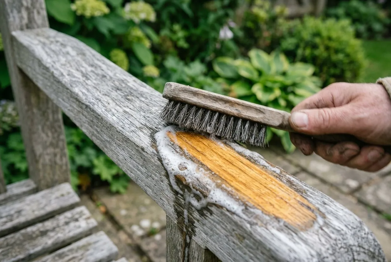 A close-up of a wire brush and teak cleaner lifting grey weathering from a teak bench arm to reveal honey-coloured wood underneath, in a Staffordshire garden