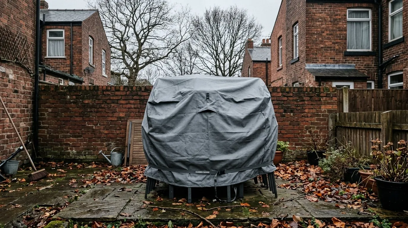 Garden furniture stacked and protected under a breathable grey cover for winter on a UK terraced-house patio in November
