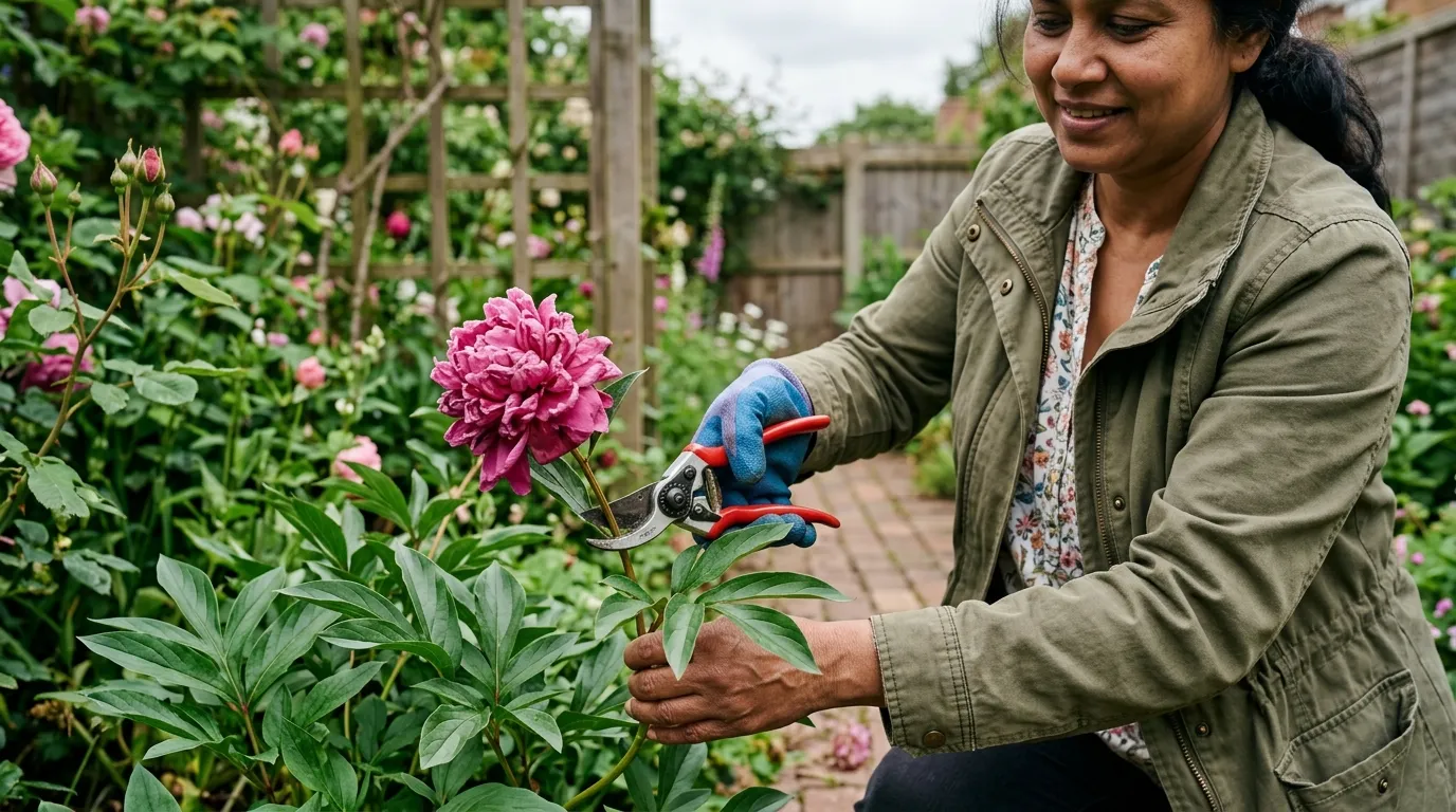 Editorial photograph of a Bangladeshi British gardener using sharp bypass secateurs to cut the spent flower stem of a deep pink Sarah Bernhardt herbaceous peony above the next set of leaves in mid-June, in a UK suburban back garden