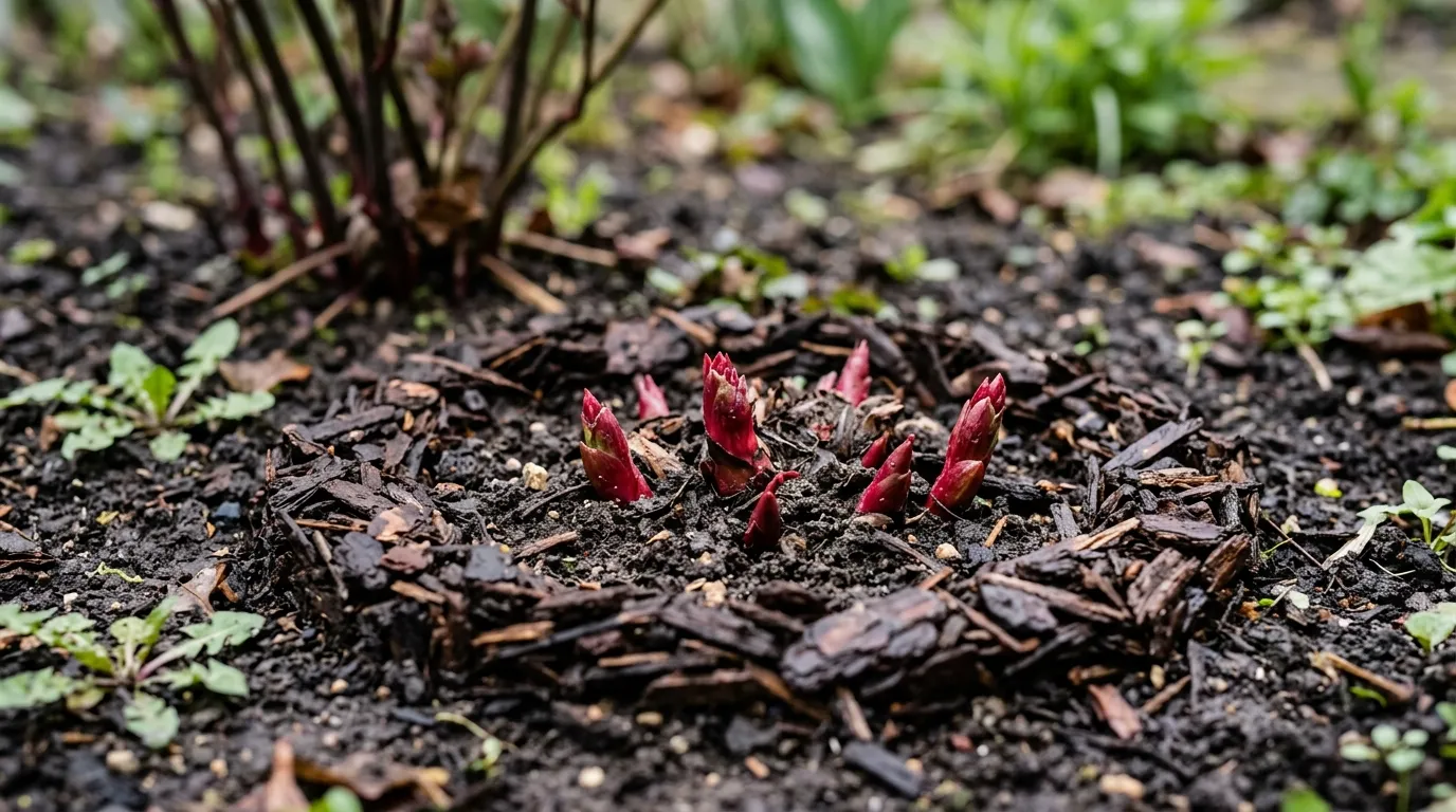 Editorial macro photograph of a herbaceous peony crown at soil level in early March showing red eyes pushing up through dark moist soil with a mulch ring around the base