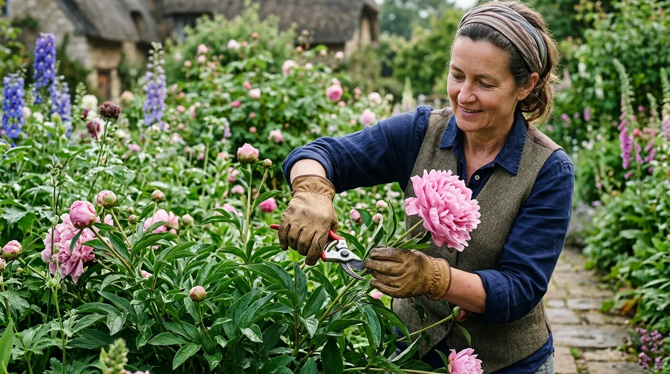 A UK gardener using bypass secateurs to deadhead a herbaceous Sarah Bernhardt peony, cutting the stem just above the next set of leaves in mid-June