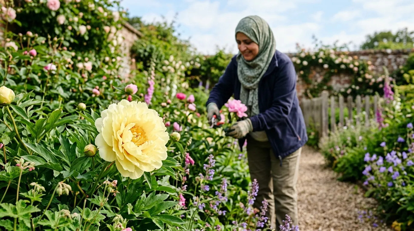 Editorial photograph of a soft yellow Bartzella Itoh intersectional peony in full June bloom in a UK garden border, a Muslim British gardener with a hijab lightly deadheading another stem with secateurs in the background