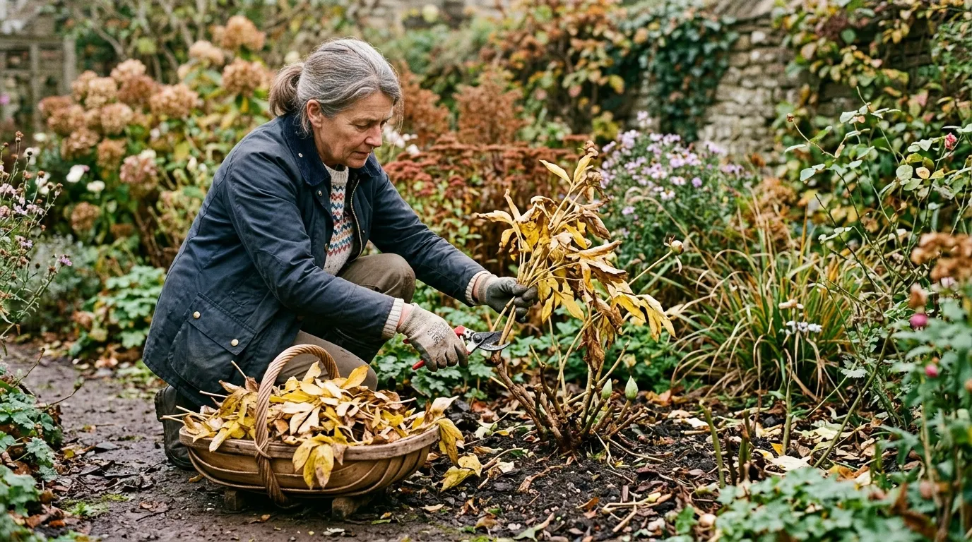 Editorial photograph of a UK gardener cleaning up fallen peony foliage in late October from around the crown of a herbaceous peony, with secateurs and a wicker trug full of yellowed leaves, in a cottage back garden