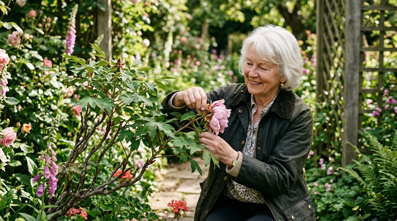 Editorial photograph of an elderly white British woman snapping the spent flower head from a pink tree peony Paeonia suffruticosa behind the bloom, leaving the woody stem and leaves intact, in a UK country garden in early June