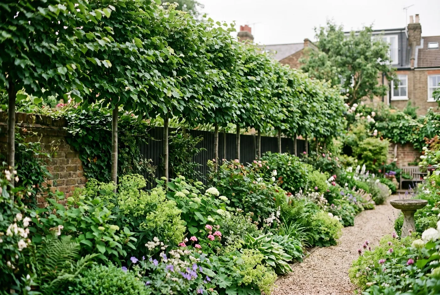 Proof of life shot of layered boundary planting and pleached trees softening the long fence of a city terrace garden