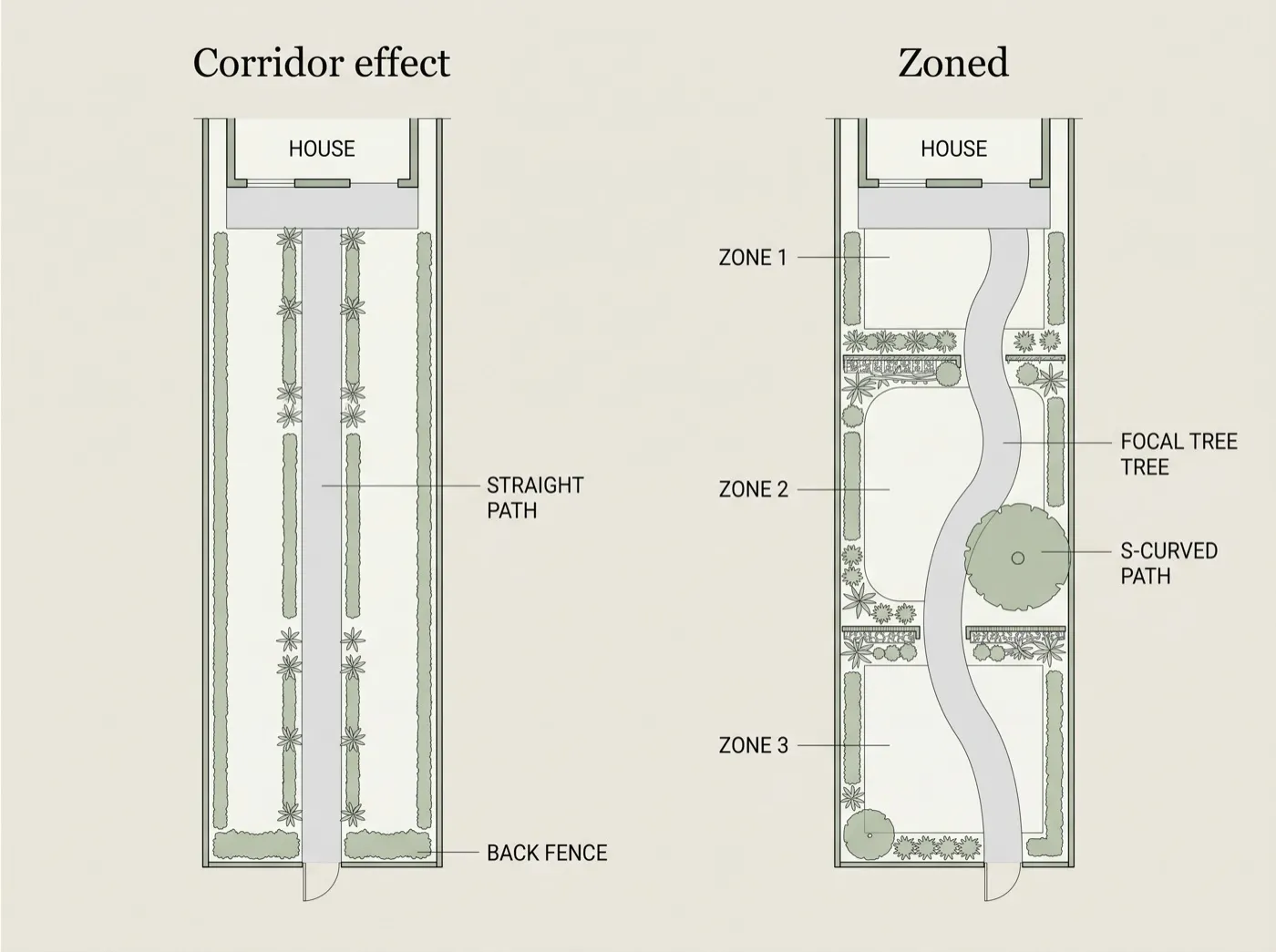 Diagnostic comparison of a corridor garden layout beside a zoned long thin garden layout