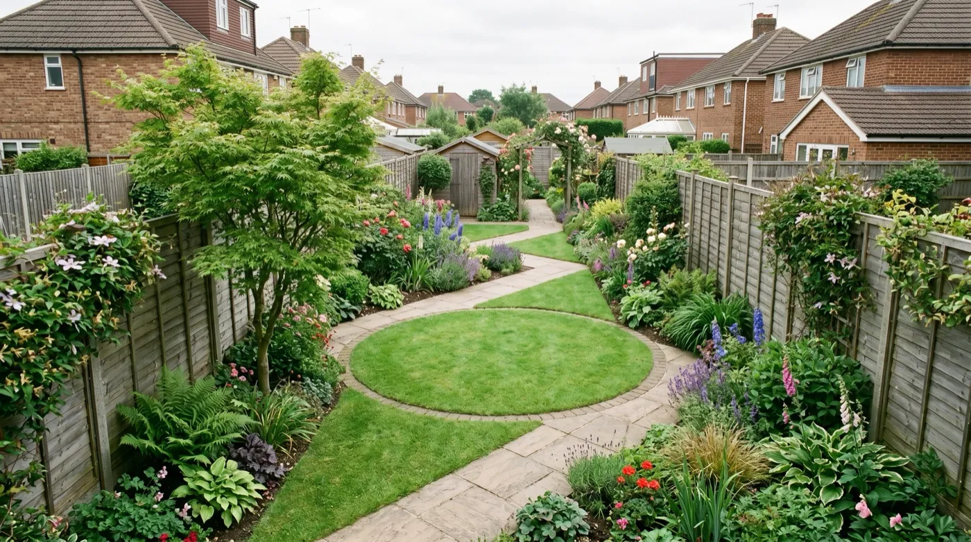 Proof of life shot of a circular lawn and diagonal paving in a long narrow suburban garden pulling the eye across the width