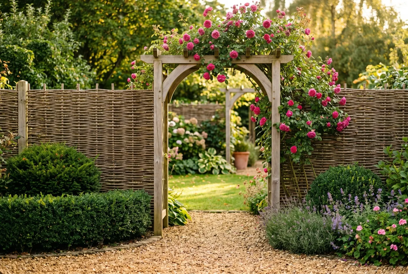 Proof of life shot of a hazel hurdle screen dividing a suburban garden into two rooms with an arch leading through