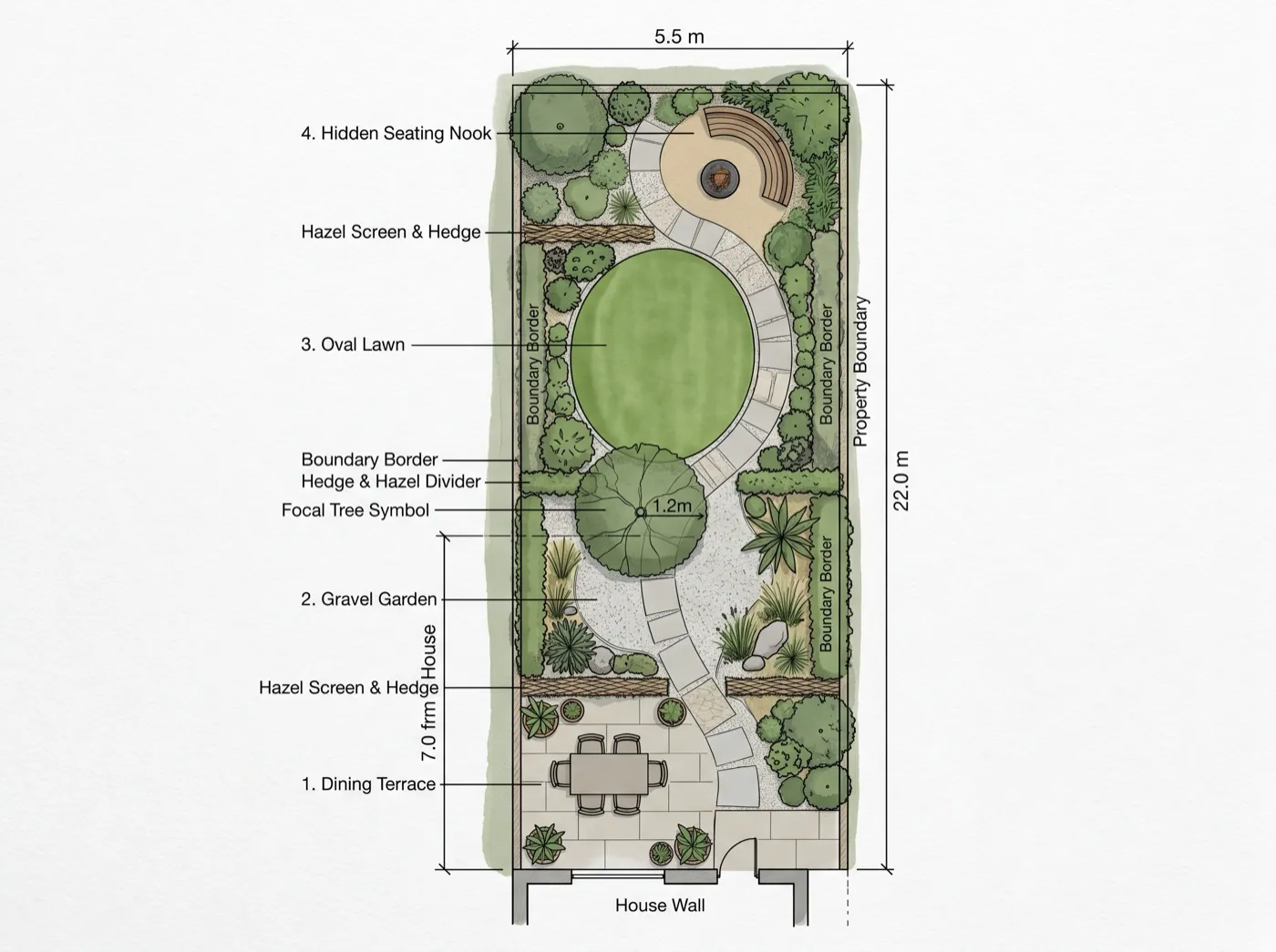 Technical plan-view diagram of a long thin garden divided into four labelled zones with a curved offset path