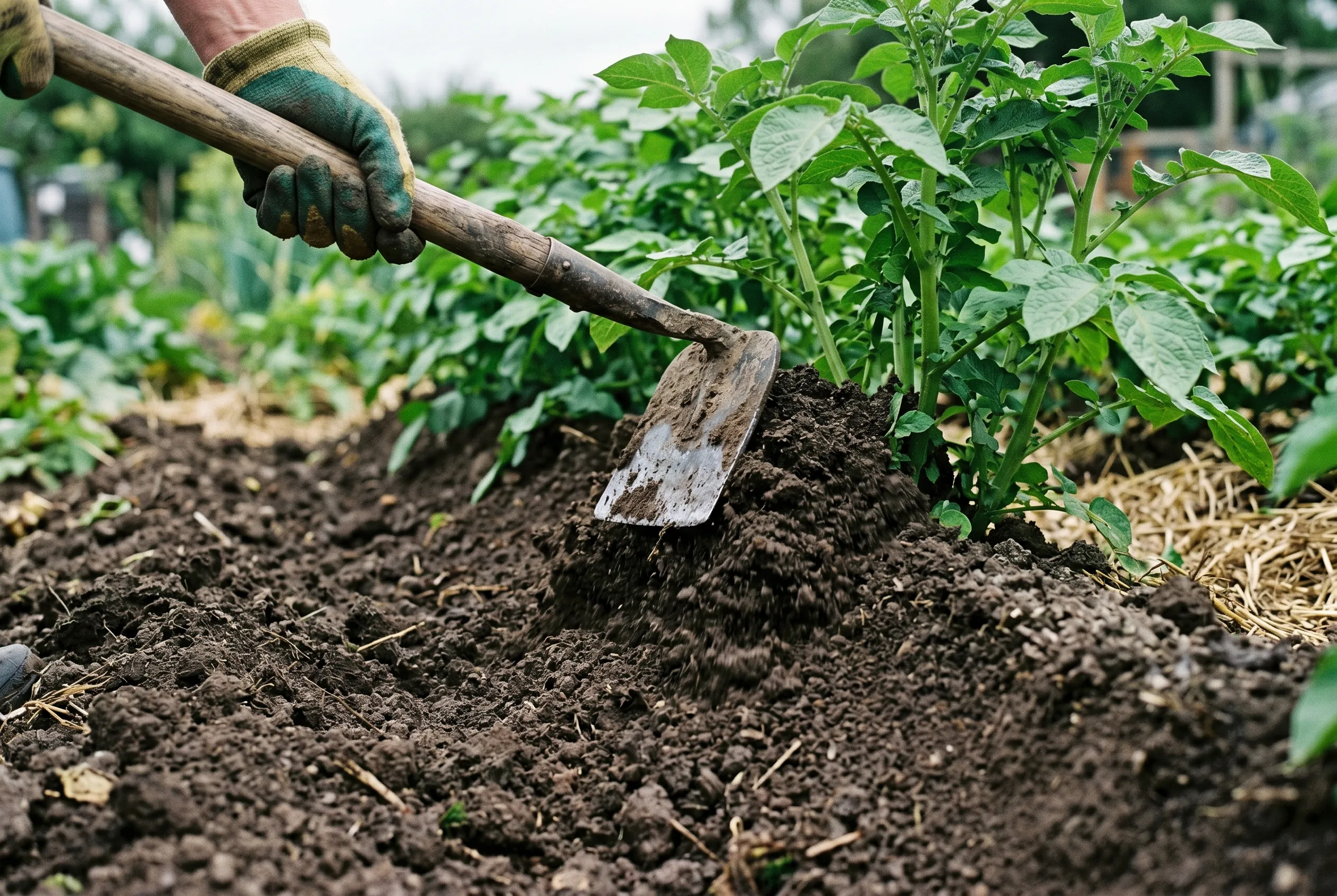 Draw hoe pulling dark soil up into a steep ridge around the base of green potato stems
