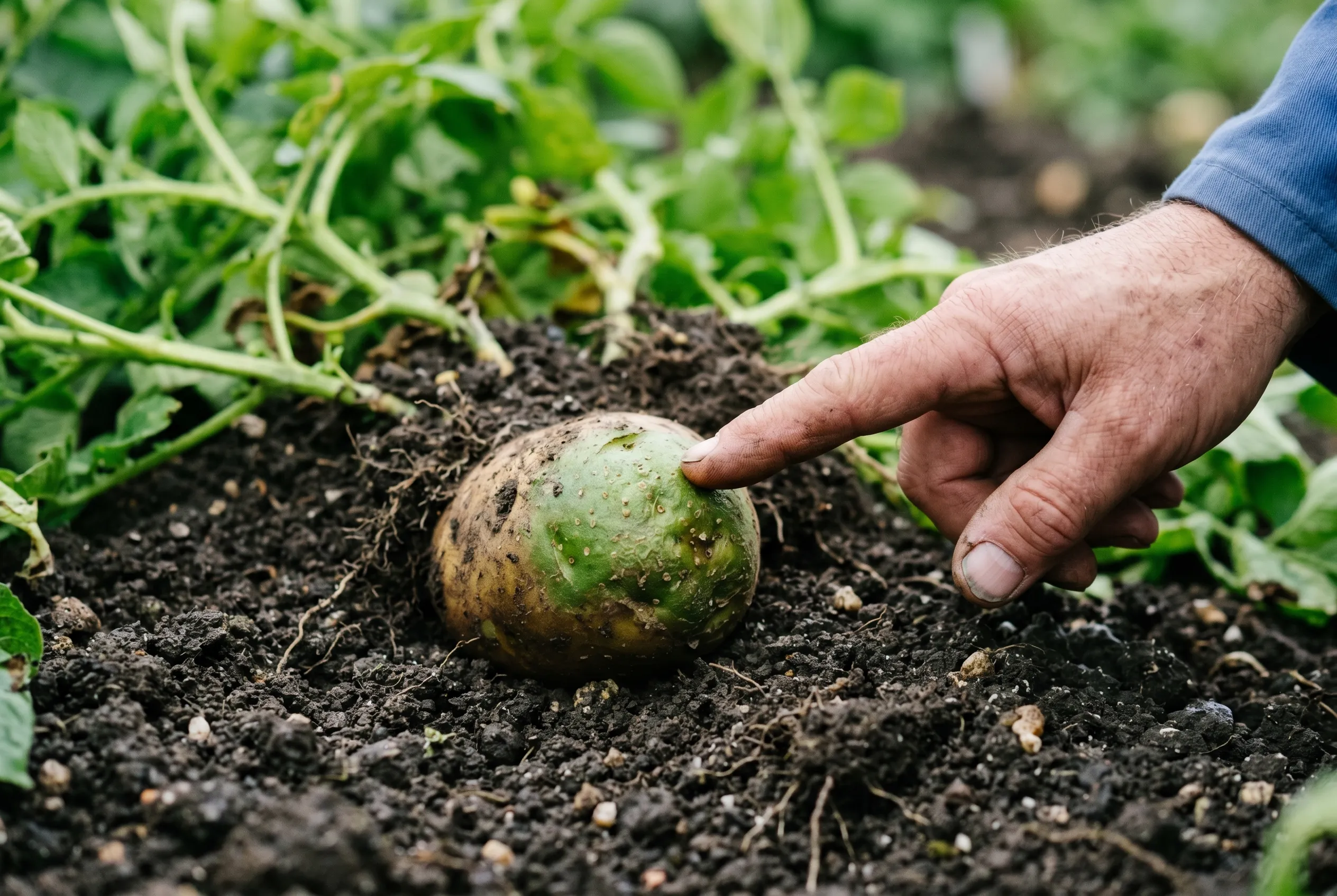 A potato tuber with green sunburned skin exposed at the soil surface, a gardener's hand pointing at it